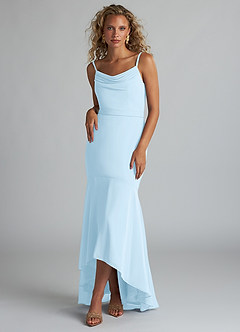 Azazie Summer Bridesmaid Dresses Sky Blue Mermaid Scoop Cowl Chiffon Dress image1