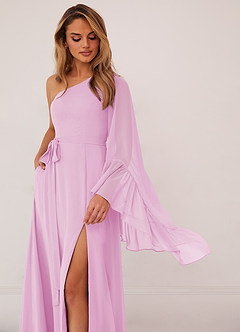 Barbie ♥ Azazie Brudtärnklänningar Klänning av A-Line i Chiffong Långärmad Godisrosa image5