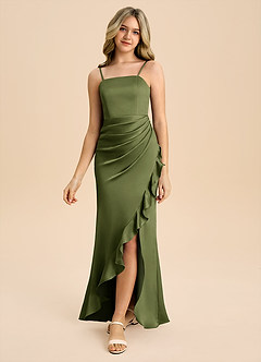 Azazie Buzzy Junior Olive Sheath Pleated Stretch Satin Dress image5