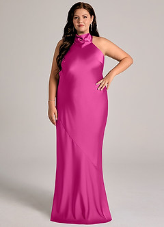 Azazie Velli Abiti da Damigella Abito Sirena in Raso Elasticizzato Collo Alto Fucsia image8