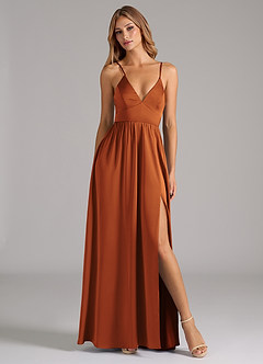 Azazie Aaida Bridesmaid Dresses Cinnamon A-Line Corset Stretch Satin Dress image5