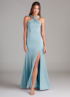 Azazie Rue Bridesmaid Dresses Moody Blue A-Line Pleated Stretch Satin Dress image3