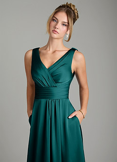 Azazie Karina Bridesmaid Dresses Peacock A-Line Pleated Stretch Satin Dress image7