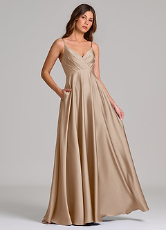 Azazie Amani Bridesmaid Dresses Taupe A-Line Pleated Stretch Satin Dress image4