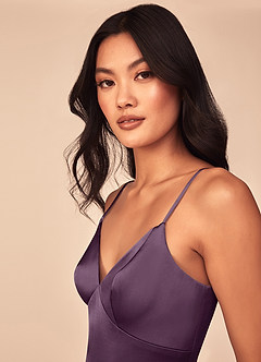Azazie Dottie Bridesmaid Dresses Plum A-Line Stretch Satin Dress image6