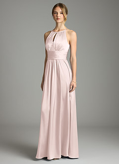 Azazie Bonnie Vestidos de damas de honor Vestido de Rosa Rubor de Satén Elástico de Corte en A con Plisado image1