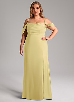 Azazie Saige Bridesmaid Dresses Lemon Sorbet Sheath Off the Shoulder Stretch Satin Dress image15