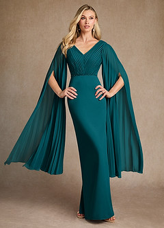 Azazie Ellsworth Mother of the Bride Dresses Peacock Column Pleated Stretch Crepe Dress image2