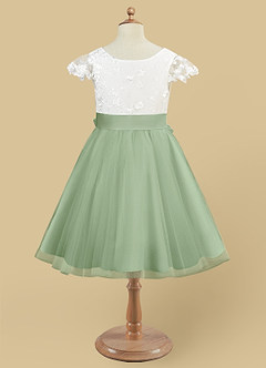 Azazie Vetty Flower Girl Dresses Ivory Dusty Sage A-Line Lace Tulle Dress image4