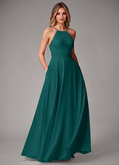 Azazie Amalia Abiti da Damigella Abito A-Line in Chiffon Plissettato Verde Pavone image1
