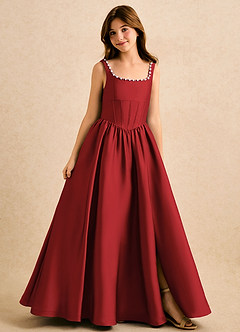 Azazie Enid Girls Formal Blumenmädchenkleider A-Linie Mit Perlen Stretch-Satin Kleid Granatapfelrot image1