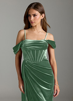 Azazie Amyra Bridesmaid Dresses Eucalyptus Sheath Off the Shoulder Velvet Convertible Dress image3