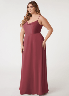 Azazie Daenerys At-home Try On Dresses Champagne Rose A-Line Cowl Chiffon Dress image10