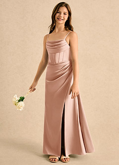 Azazie Lexy Girls Formal vestidos de niña de las flores Vestido Oro Rosa de Satén Elástico de Corte en A con Plisado image3