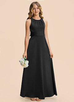 Azazie Christina Junior Vestido Negro de Satén Elástico de Corte en A con Drapeado image4