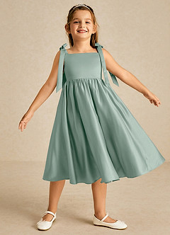 Azazie Chelsie Flower Girl Dresses Silver Sage A-Line Bow Matte Satin Dress image1