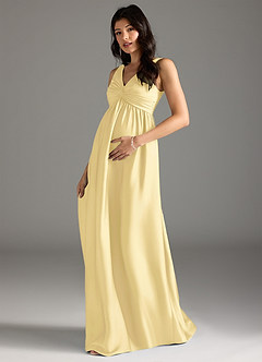 Azazie Yetta Robes de demoiselle d'honneur de maternité Robe Trapèze Plissée Longueur ras du sol Satin extensible image1