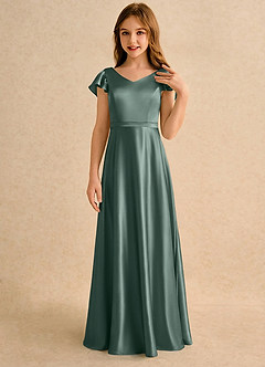Azazie Nari Girls Formal Final Sale Blushing Pink A-Line with Sleeves Stretch Satin Dress image5
