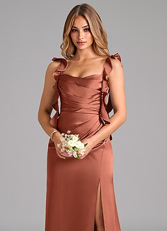 Azazie Jessamine Bridesmaid Dresses Clay A-Line Corset Stretch Satin Dress image7