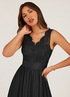 Azazie Gertrude Vestidos de damas de honor Vestido de Negro de Gasa de Corte en A con Encaje image6