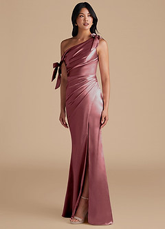 Azazie Xyla Bridesmaid Dresses Vintage Mauve Sheath Off the Shoulder Metallic Satin Convertible Dress image6