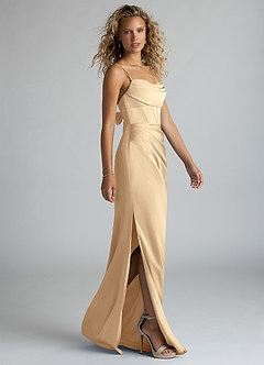 Azazie Mai Bridesmaid Dresses Champagne Sheath Pleated Stretch Satin Dress image4