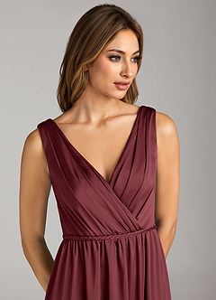 Azazie Tanicia Bridesmaid Dresses Merlot A-Line Pleated Stretch Satin Dress image6