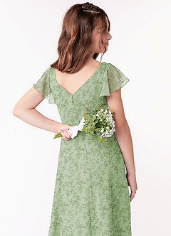 Azazie Omari Junior Abito A-Line in Chiffon Increspato Green Fern Floral image3