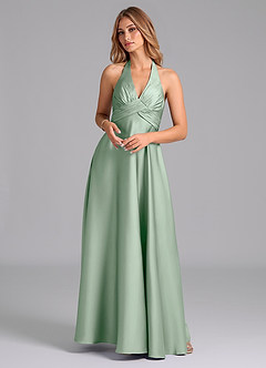 Azazie A-Line Halter Neck Floor-Length Stretch Satin Bridesmaid Dresses - Agave