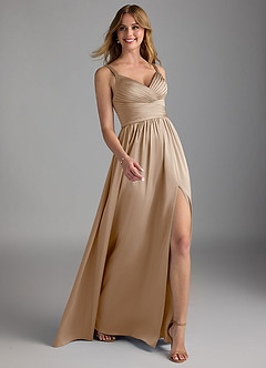 Azazie Chanel Final Sale Taupe A-Line Pleated Stretch Satin Dress image6