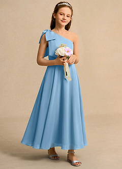 Azazie Guppy Girls Formal Abiti da Ragazza di Fiori Abito A-Line in Chiffon Monospalla Blu Acciaio image1