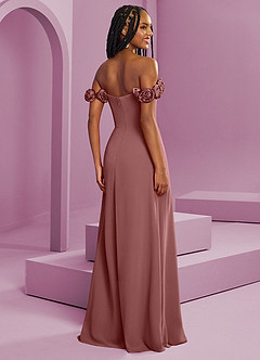 Barbie ♥ Azazie Suknie dla druhen Rozkloszowana szyfonowa sukienka z odkrytymi ramionami i kwiatowymi rozetkami image9