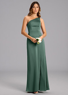 Azazie Feby Bridesmaid Dresses Eucalyptus A-Line One Shoulder Stretch Satin Dress image1
