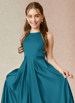Azazie Arianthe Junior Vestido de Azul Tinta de Satin Mate de Corte En A con Con bolsillos image5