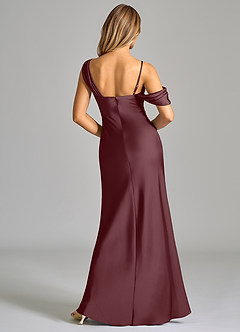 Azazie Celina Bridesmaid Dresses Sangria Sheath Off the Shoulder Stretch Satin Dress image2