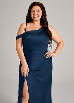 Azazie Madelyn Bridesmaid Dresses Dark Navy Mermaid One Shoulder Stretch Satin Convertible Dress image11