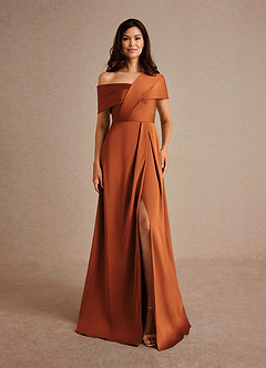 Azazie Milton Mother of the Bride Dresses Cinnamon A-Line Pleated Stretch Satin Dress image7