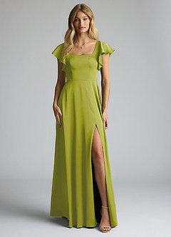 Azazie Bondi Bridesmaid Dresses Lemongrass A-Line Bow Stretch Satin Dress image5