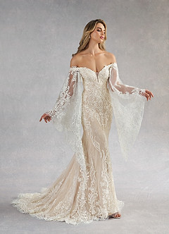 Azazie Memphis Wedding Dresses Diamond White Nude Mermaid V-Neck Sequins Lace Dress image3