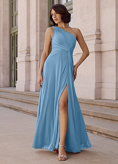 Azazie Brooke Bridesmaid Dresses Steel Blue A-Line One Shoulder Chiffon Dress image2