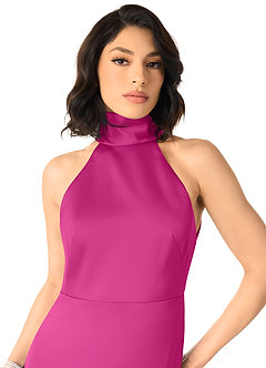 Azazie x Delaney Bridesmaid Dresses Fuchsia Sheath High Neck Stretch Satin Dress image3