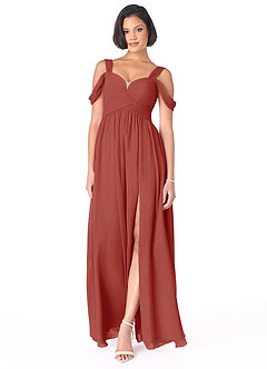 Azazie Lianne Robes de demoiselle d'honneur Robe Trapèze en Mousseline de soie Épaule décolletée Terracotta image2