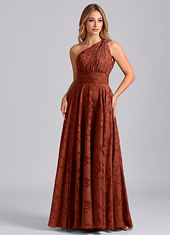 Azazie Charlize 신부 들러리 드레스 A라인 한쪽 어깨 플로럴 번아웃 바닥 길이 드레스 image5