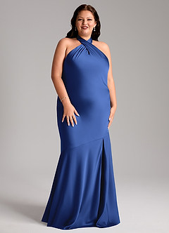 Azazie Lorena Vestidos de damas de honor Vestido de Azul Real de Satén Elástico de Corte Sirena con Plisado image9