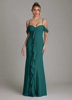 Azazie Karmela Bridesmaid Dresses Peacock A-Line Off the Shoulder Chiffon Dress image4