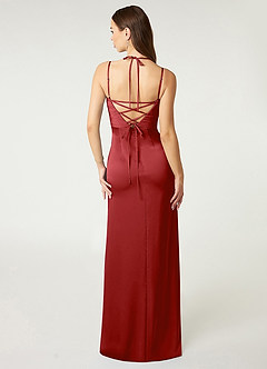 Azazie Desi Bridesmaid Dresses Pomegranate Sheath Halter Corset Stretch Satin Dress image2