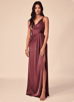 Azazie Aqua Brudtärnklänningar Klänning av A-Line i Stretch Satin V-ringad plisserad Merlot image1