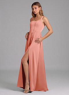 Azazie Rosaline Bridesmaid Dresses Coral A-Line Side Slit Stretch Satin Dress image5
