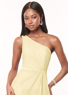 Azazie Liza Vestidos de damas de honor Vestido de Sorbete De Limón de Gasa de Corte Sirena con Hombro unilateral image5