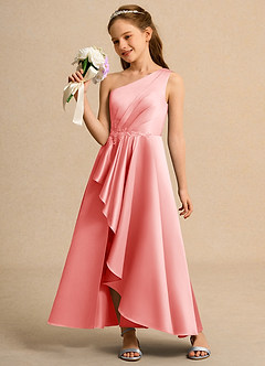 Azazie Taffy Junior Formal Robe Demoiselle D'honneur Fillette Robe Trapèze en Mat Satiné Dentelle Corail image3